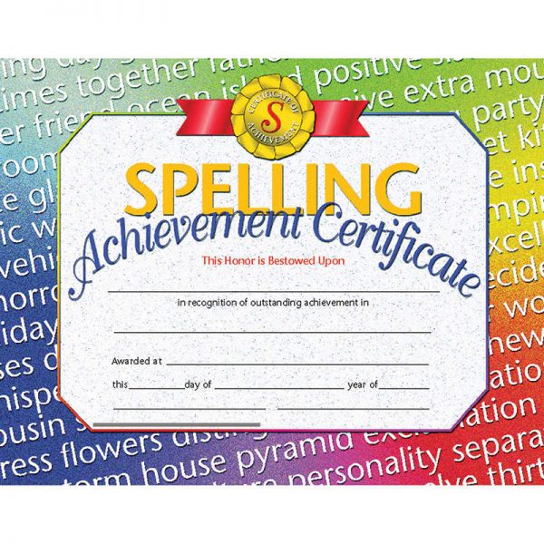 Hayes Spelling Achievement Certificate, 8.5" x 11", Pack of 30