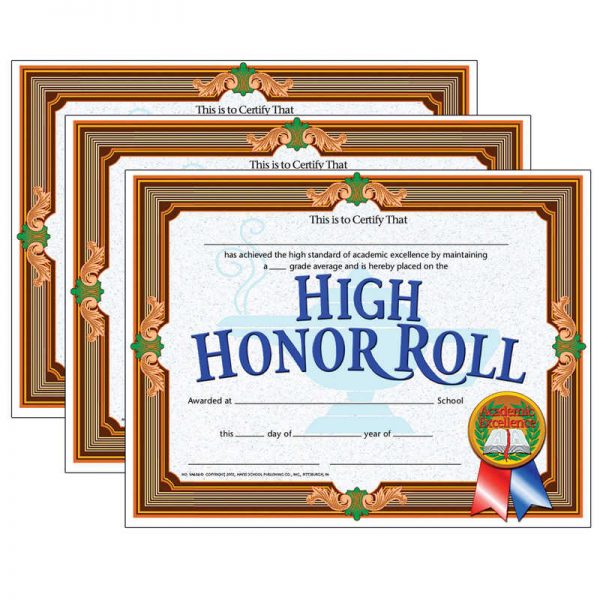 Hayes High Honor Roll Certificate, 8.5" x 11", 30 Per Pack, 3 Packs