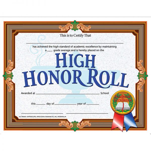 Hayes High Honor Roll Certificate, 8.5" x 11", Pack of 30