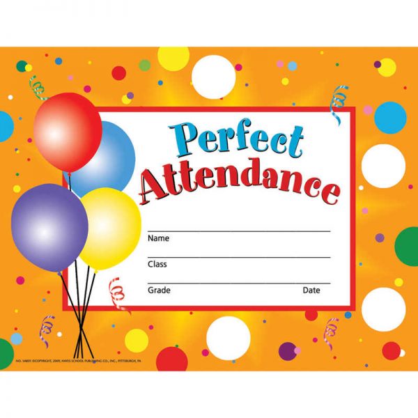 Hayes Perfect Attendance Certificates & Reward Seals - 30 8.5" x 11" Certificates, 160 Seals