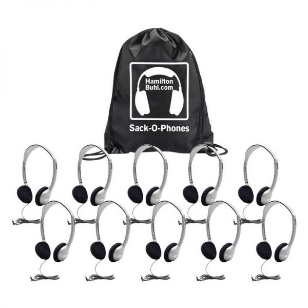 HamiltonBuhl® Sack-O-Phones, 10 HA2 Personal Headsets, Foam Ear Cushions in a Carry Bag, Pack of 10