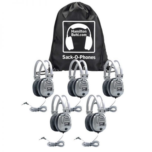 HamiltonBuhl® Sack-O-Phones, 5 SC7V Deluxe Headphones with Volume Control in a Carry Bag, Pack of 5