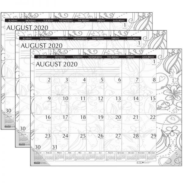 House of Doolittle™ Academic Monthly Desk Pad Calendar, Black & White Doodle, 12 Month August-July, 18-1/2" x 13", Pack of 3