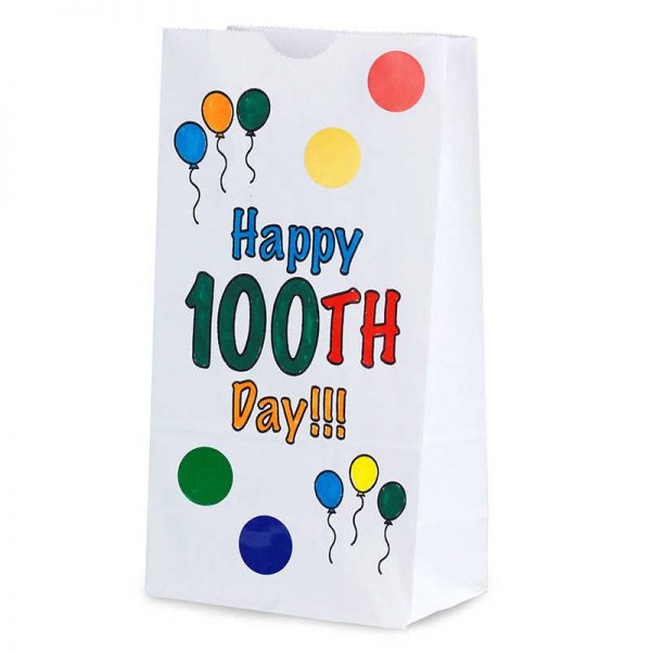 Hygloss® Happy 100th Day Paper Bags, 5" x 3" x 9.75", Pack of 25