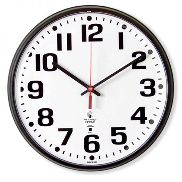 Chicago Lighthouse Atomic Movement Commercial/Residential Wall Clock, 12.75", Bold Numbers, Black
