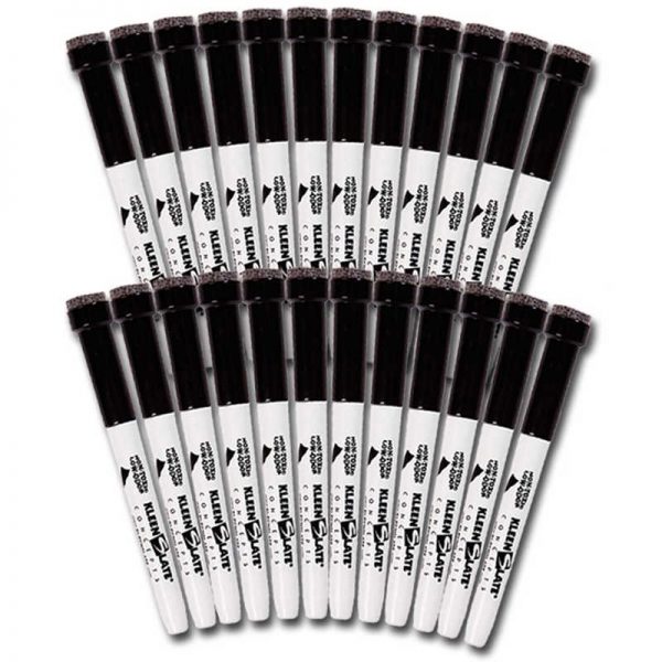 KleenSlate® Dry Erase Markers with Erasers, Fine Point, Black, Pack of 24