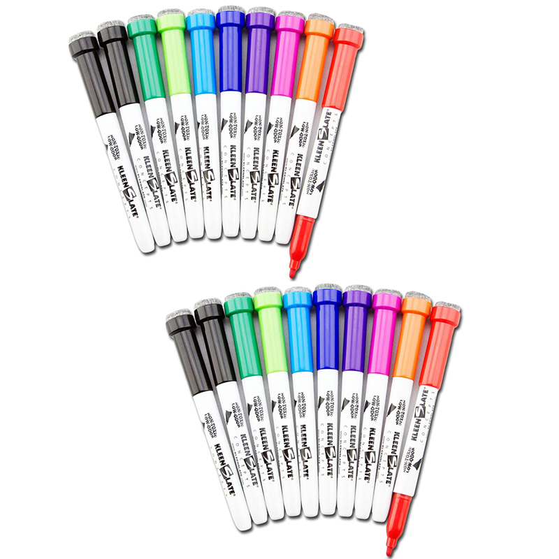 KleenSlate® Dry Erase Student Markers with Erasers, Fine Point, Assorted Colors, 10 Per Pack, 2 Packs