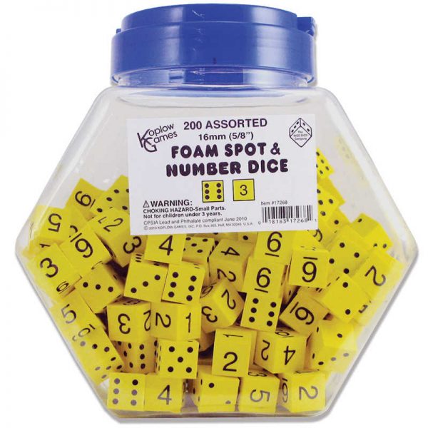 Koplow Games Foam Spot & Number Dice, Yellow, 16mm, Tub of 200