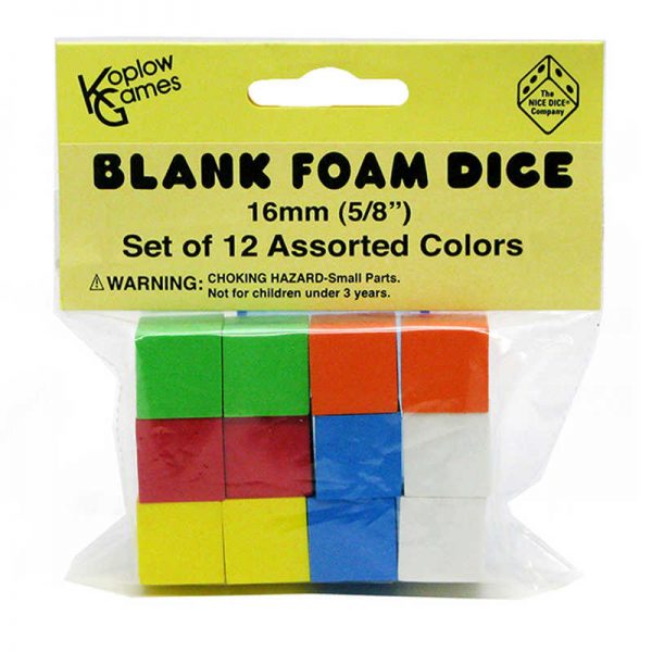 Koplow Games Assorted Color Blank 16mm Foam Dice, Pack of 12