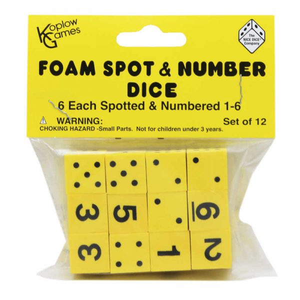 Koplow Games Yellow Spot & Number 16mm Foam Dice, Pack of 12