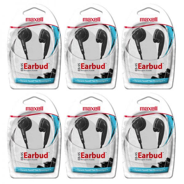 Maxell Budget Stereo Earbuds, Black, Pack of 6