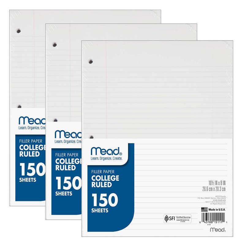 Mead® College Ruled Notebook Filler Paper, 150 Sheets Per Pack, 3 Packs