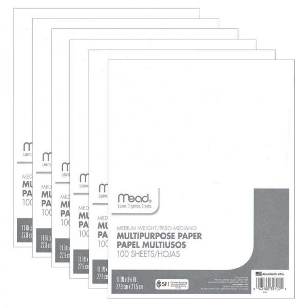 Mead® Multipurpose Paper, 8 1/2" x 11", White, 100 Sheets Per Pack, 6 Packs