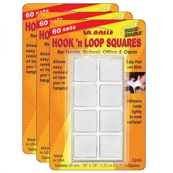 Magic Mounts Hook 'n Loop, 7/8" Squares, 60 Sets Per Pack, 3 Packs