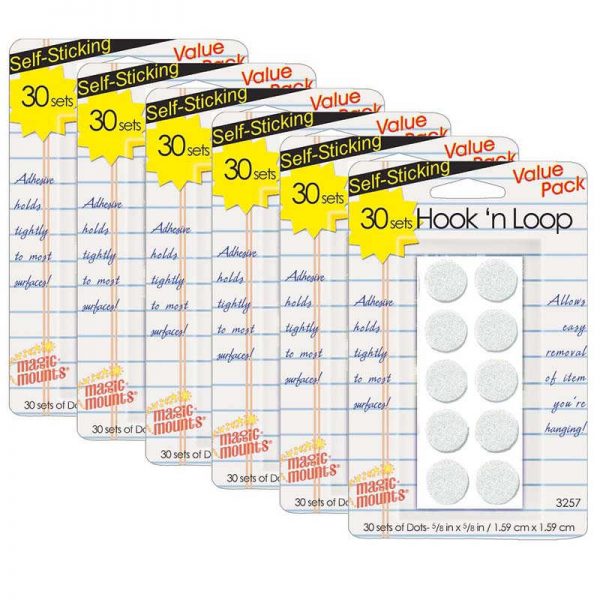 Magic Mounts Hook N Loop Dots, 5/8", White, 30 Per Pack, 6 Packs