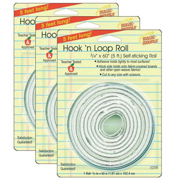 Magic Mounts Hook N Loop Roll, 3/4" x 60", White, 3 Rolls