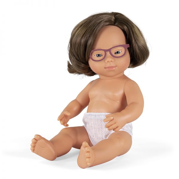 Miniland Educational Baby Doll Caucasian Girl With Down Syndrome With Glasses 15'', Polybagged