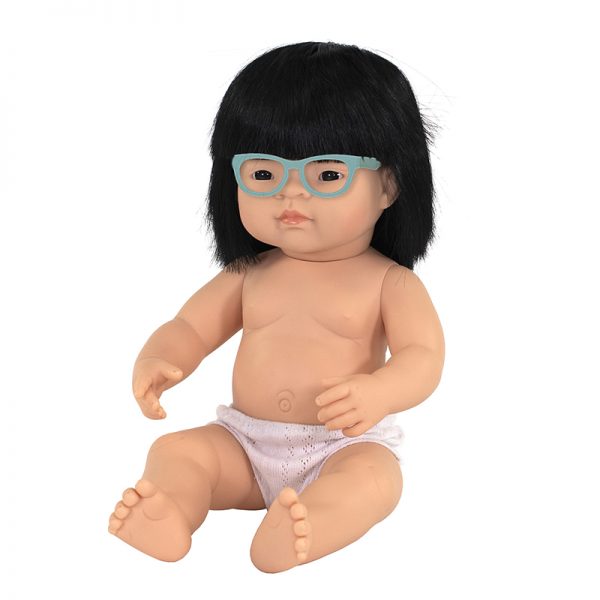 Miniland Educational Baby Doll Asian Girl With Glasses 15'', Polybagged