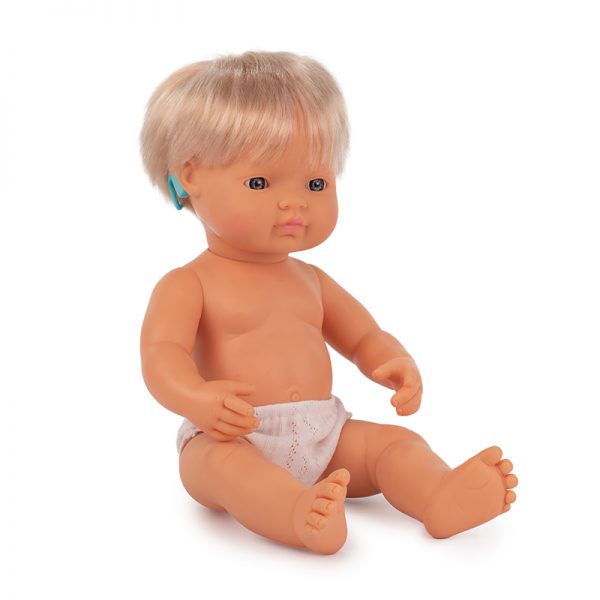 Miniland Educational Baby Doll Caucasian Girl With Hearing Aid 15'', Polybagged