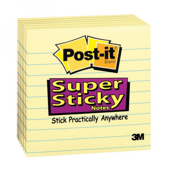 Post-it® Super Sticky Notes, 4" x 4", Canary Yellow, Lined, 90 Sheets Per Pad, 6 Pads