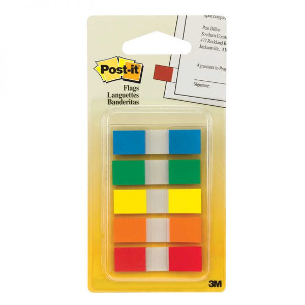Post-it® Flags, Assorted Primary Colors, 1/2 in Wide, 100/On-the-Go Dispenser