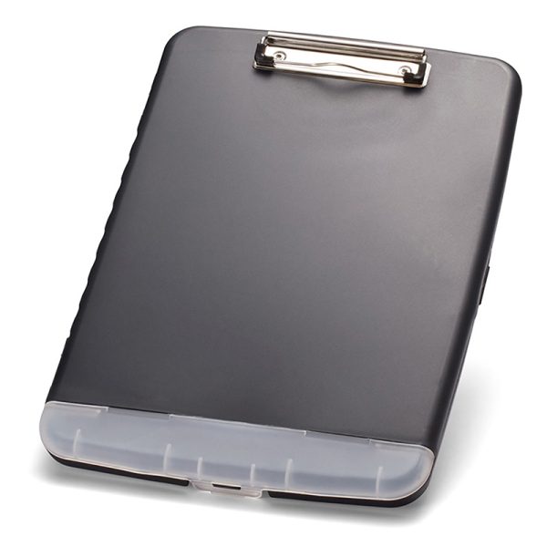 Officemate Slim Clipboard with Storage Box, Low Profile Clip & Storage Compartment, Charcoal