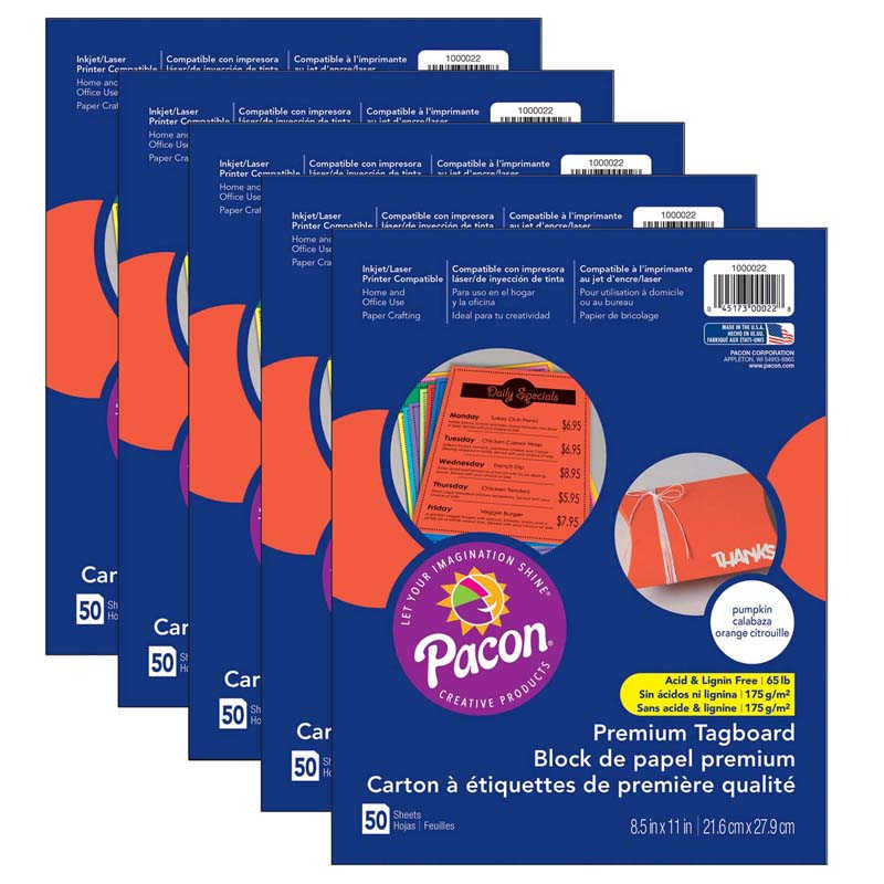 Pacon® Premium Tagboard, Pumpkin, 8-1/2" x 11", 50 Sheets Per Pack, 5 Packs
