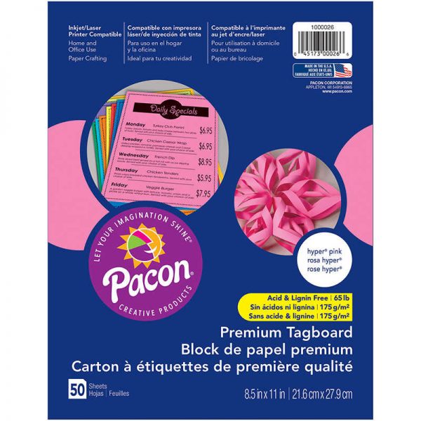 Pacon® Premium Tagboard, Hyper Pink, 8-1/2" x 11", 50 Sheets