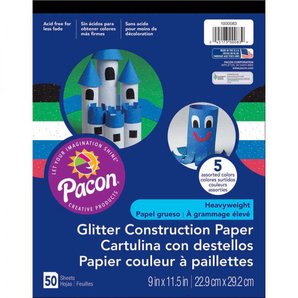 Pacon® Glitter Construction Paper Pad, 5 Assorted Colors, 9" x 11-1/2", 50 Sheets
