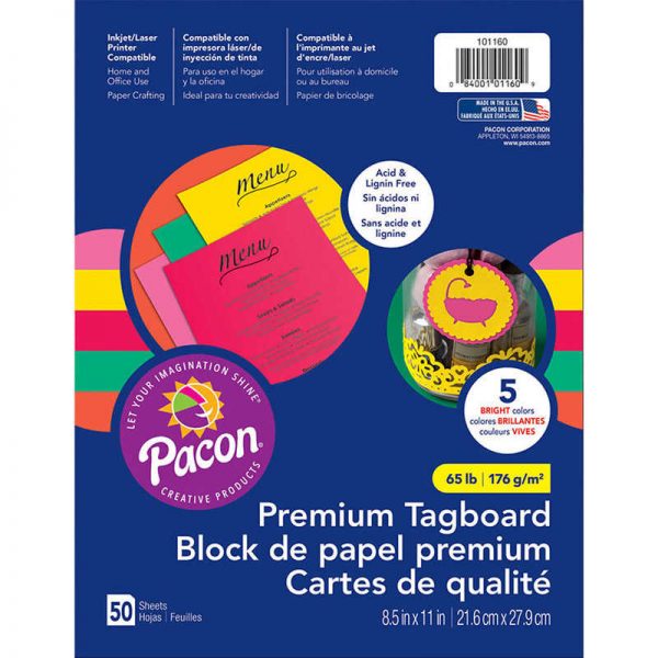 Pacon® Premium Tagboard, 5 Assorted Bright Colors, 8-1/2" x 11", 50 Sheets