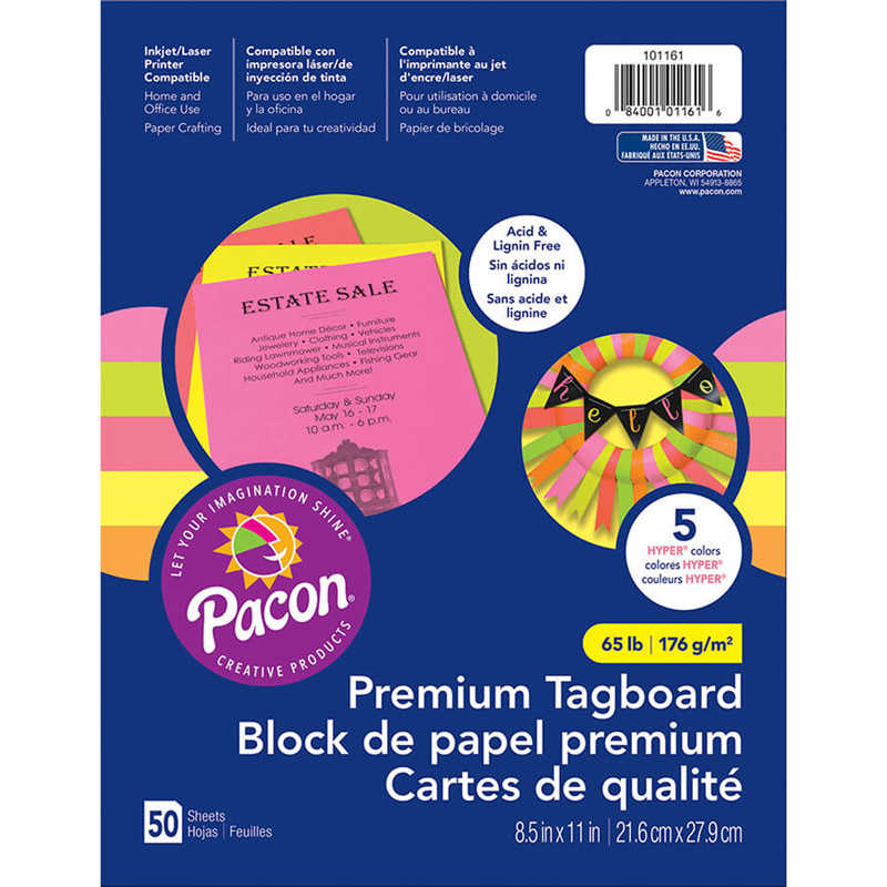 Pacon® Premium Tagboard, 5 Assorted Hyper Colors, 8-1/2" x 11", 50 Sheets