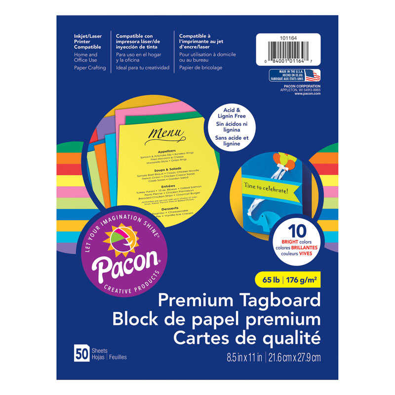 Pacon® Premium Tagboard, 10 Assorted Bright Colors, 8-1/2" x 11", 50 Sheets