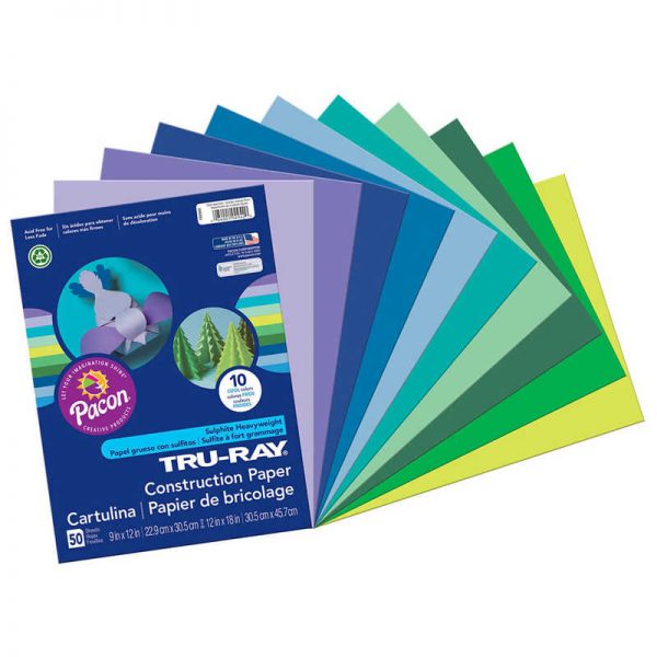 Tru-Ray® Construction Paper, Cool Assorted, 9" x 12", 50 Sheets