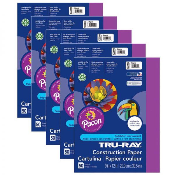 Tru-Ray® Construction Paper, Magenta, 9" x 12", 50 Sheets Per Pack, 5 Packs