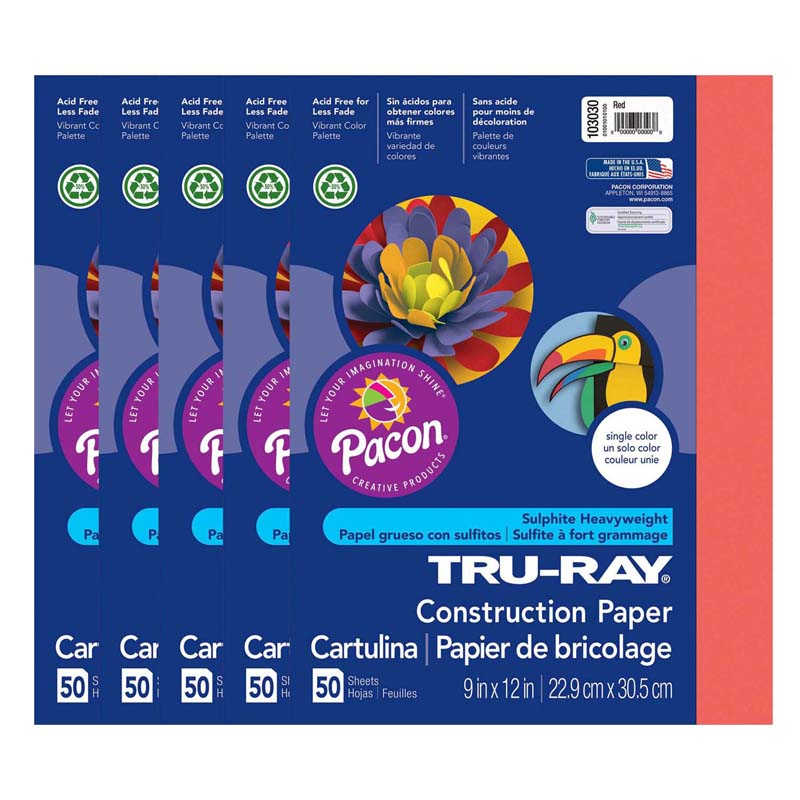 Tru-Ray® Construction Paper, Red, 9" x 12", 50 Sheets Per Pack, 5 Packs