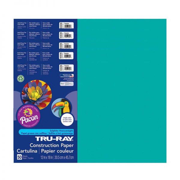 Tru-Ray® Construction Paper, Turquoise, 12" x 18", 50 Sheets Per Pack, 5 Packs