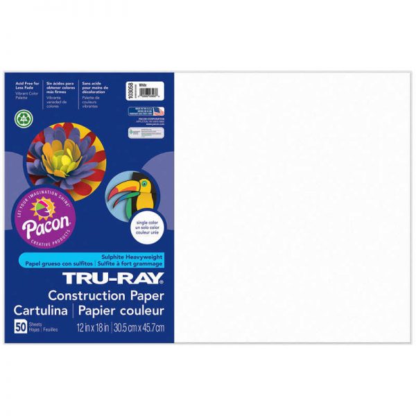 Tru-Ray® Construction Paper, White, 12" x 18", 50 Sheets