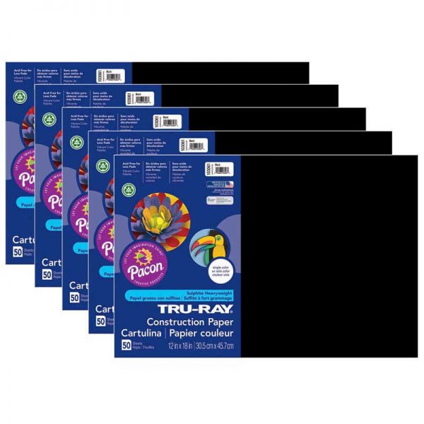 Tru-Ray® Construction Paper, Black, 12" x 18", 50 Sheets Per Pack, 5 Packs