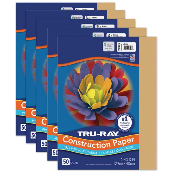 Tru-Ray® Fade-Resistant Construction Paper, Almond, 9" x 12", 50 Sheets Per Pack, 5 Packs