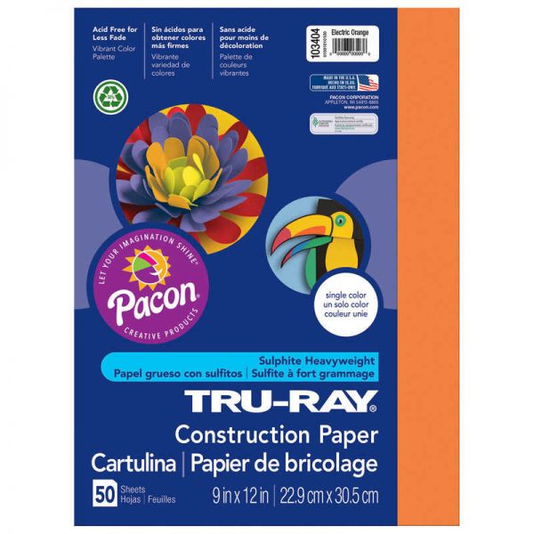 Tru-Ray® Construction Paper, Electric Orange, 9" x 12", 50 Sheets