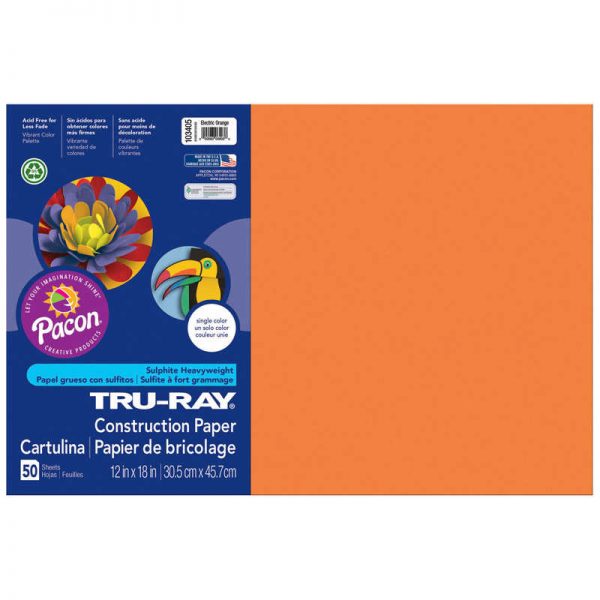 Tru-Ray® Construction Paper, Electric Orange, 12" x 18", 50 Sheets