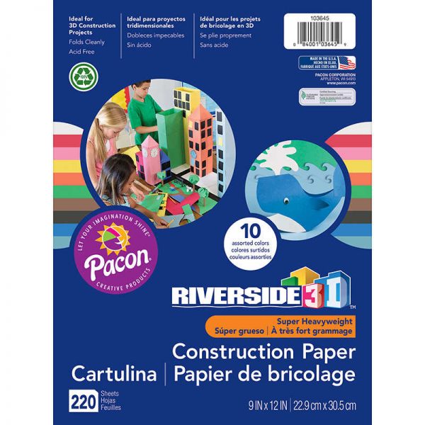 Riverside 3D™ Construction Paper, 10 Assorted Colors, 9" x 12", 220 Sheets
