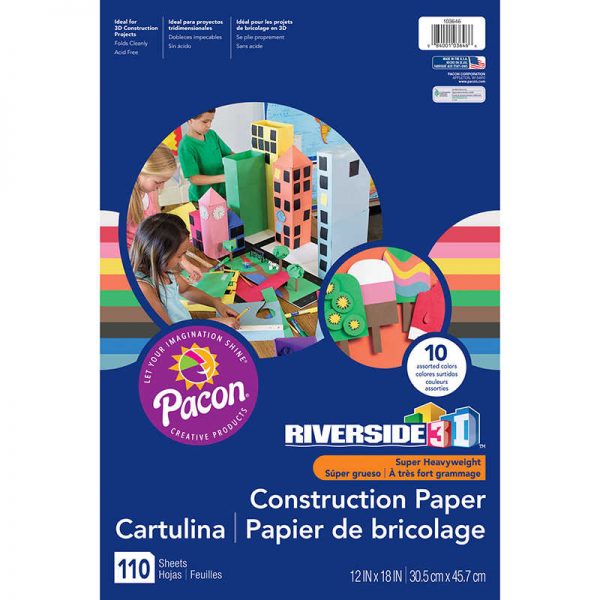 Riverside 3D™ Construction Paper, 10 Assorted Colors, 12" x 18", 110 Sheets