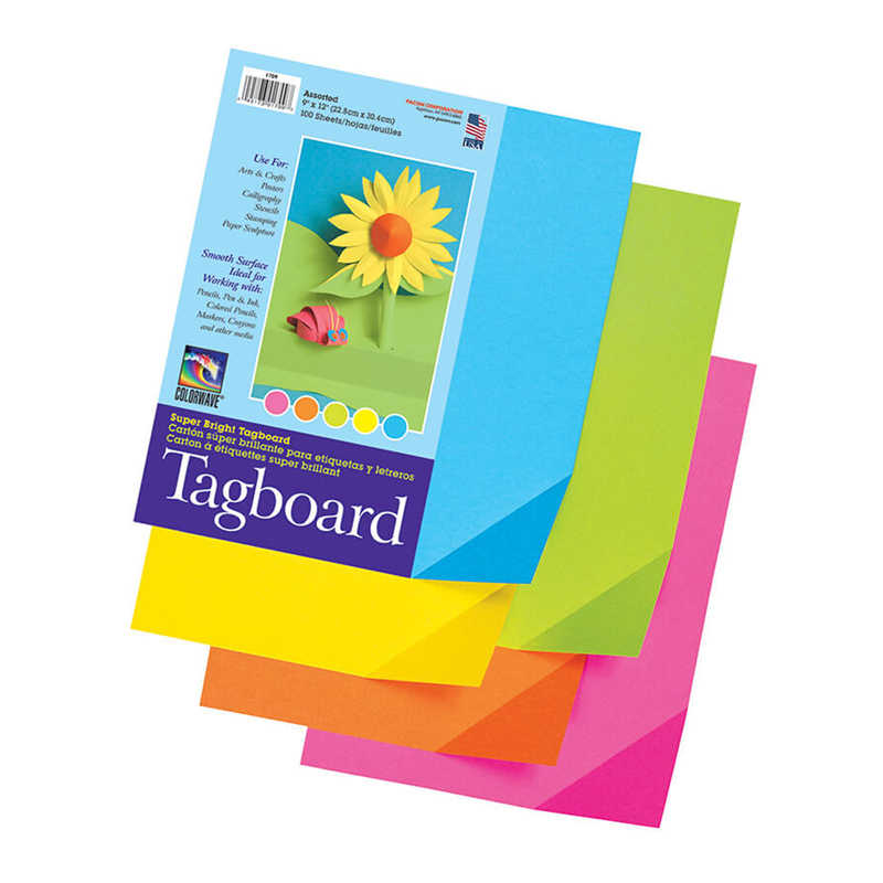 Pacon® Super Bright Assorted Tagboard, 5 Super Bright Assorted Colors, 9" x 12", 100 Sheets
