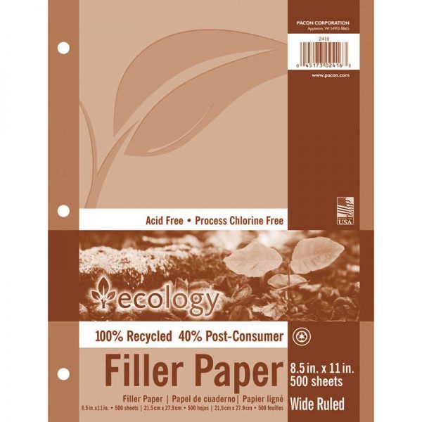 Ecology® Recycled Filler Paper, White, 3-Hole Punched, 3/8" Ruled w/ Margin 8-1/2" x 11", 500 Sheets
