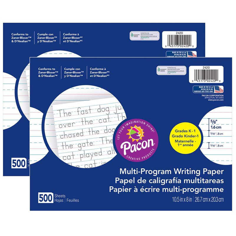 TeachersParadise Pacon® MultiProgram Handwriting Paper, 5/8" Ruled (Long Way), White, 101/2