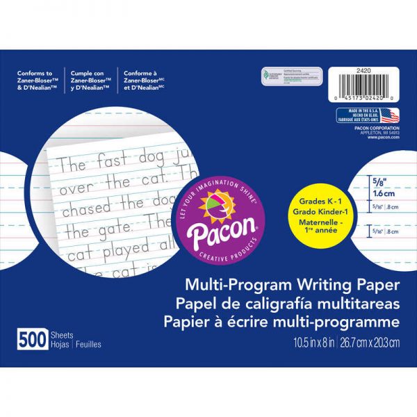 Pacon® Multi-Program Handwriting Paper, 5/8" Ruled (Long Way), White, 10-1/2" x 8", 500 Sheets