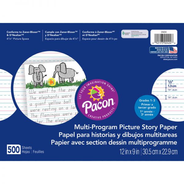 Pacon® Multi-Program Picture Story Paper, 1/2" Ruled, White, 12" x 9", 500 Sheets