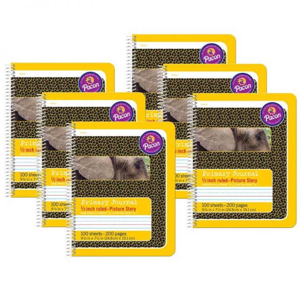 Pacon® Primary Composition Book, Spiral Bound, D'Nealian/Zaner-Bloser, 1/2" x 1/4" x 1/4" Picture Story Ruled, 9-3/4" x 7-1/2", 100 Sheets, Pack of 6