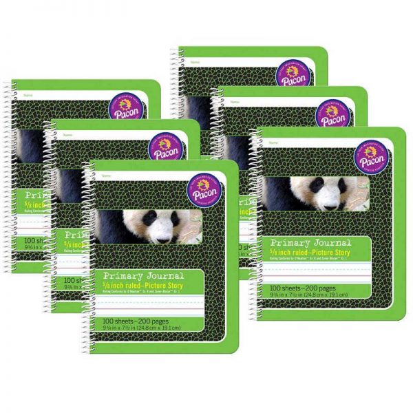 Pacon® Primary Composition Book, Spiral Bound, D'Nealian/Zaner-Bloser, 5/8" x 5/16" x 5/16" Picture Story Ruled, 9-3/4" x 7-1/2", 100 Sheets, Pack of 6